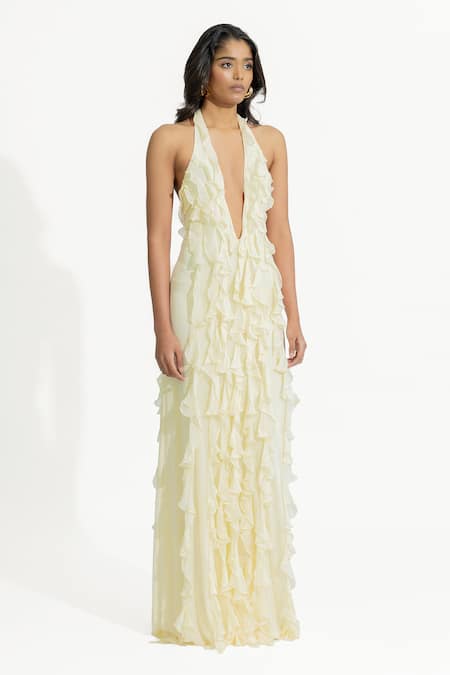 Shop Deme By Gabriella Off White Net, Chiffon, Lycra Ruffles Halter Neck Ela Dress Online at Aza Fashions Shop_Deme By Gabriella_Off White Net, Chiffon, Lycra Ruffles Halter Neck Ela Dress _Online_at_Aza_Fashions