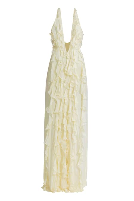 Deme By Gabriella Off White Net, Chiffon, Lycra Ruffles Halter Neck Ela Dress at Aza Fashions Deme By Gabriella_Off White Net, Chiffon, Lycra Ruffles Halter Neck Ela Dress _at_Aza_Fashions