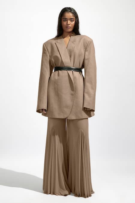 Buy Deme By Gabriella Grey Net Striped Print Oversized Blazer And Flared Pant Set Online at Aza Fashions Buy_Deme By Gabriella_Grey Net Striped Print Oversized Blazer And Flared Pant Set _Online_at_Aza_Fashions