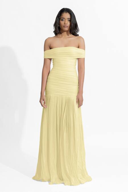 Deme By Gabriella White Crepe, Lycra Off-shoulder Maria Pleated Mermaid Dress at Aza Fashions Deme By Gabriella_White Crepe, Lycra Off-shoulder Maria Pleated Mermaid Dress _at_Aza_Fashions