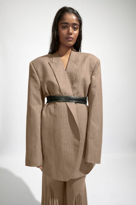 Shop Deme By Gabriella Grey Net Striped Print Oversized Blazer And Flared Pant Set Online at Aza Fashions Shop_Deme By Gabriella_Grey Net Striped Print Oversized Blazer And Flared Pant Set _Online_at_Aza_Fashions