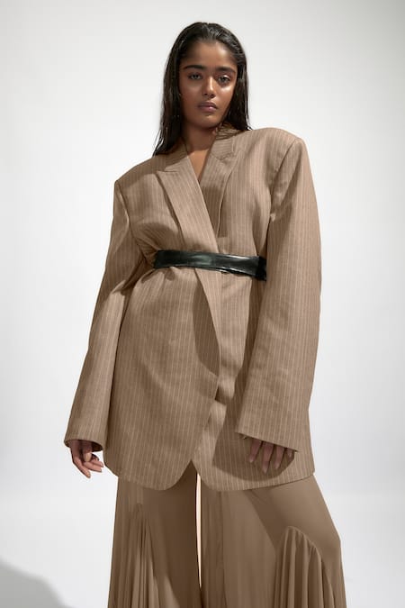 Deme By Gabriella Grey Net, Satin Striped Print Oversized Blazer 