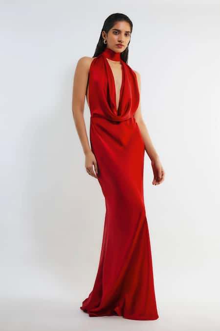 Deme By Gabriella Red Satin Cowl Neck Cathy Backless Maxi Dress 