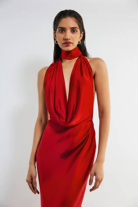 Deme By Gabriella_Red Satin Cowl Neck Cathy Backless Maxi Dress _Online_at_Aza_Fashions