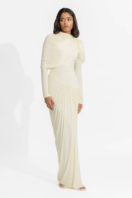 Deme By Gabriella White Net, Maheshwari Round Neck Paulina Pleated Draped Dress