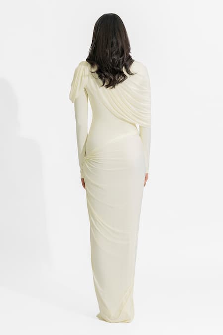 Shop Deme By Gabriella White Net, Maheshwari Round Neck Paulina Pleated Draped Dress at Aza Fashions Shop_Deme By Gabriella_White Net, Maheshwari Round Neck Paulina Pleated Draped Dress _at_Aza_Fashions