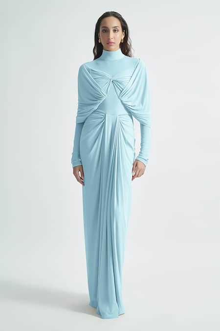 Deme By Gabriella Blue Net, Lycra High Neck Kenny Plain Draped Dress