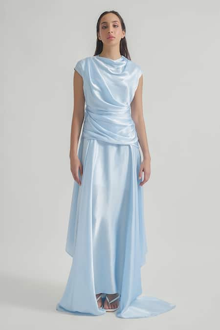 Deme By Gabriella Blue Satin Cowl Neck Azura Solid Draped Dress