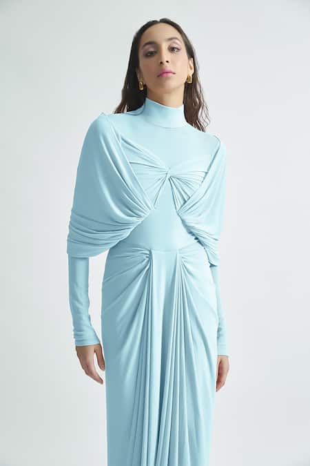 Deme By Gabriella Blue Net, Lycra High Neck Kenny Plain Draped Dress Online at Aza Fashions Deme By Gabriella_Blue Net, Lycra High Neck Kenny Plain Draped Dress _Online_at_Aza_Fashions