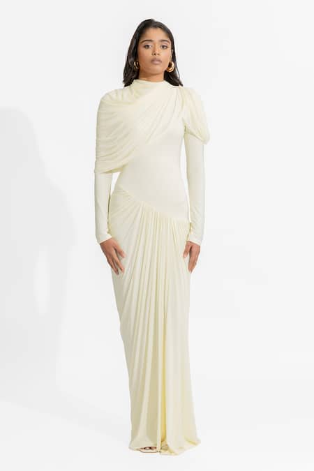 Deme By Gabriella White Net, Maheshwari Round Neck Paulina Pleated Draped Dress Online at Aza Fashions Deme By Gabriella_White Net, Maheshwari Round Neck Paulina Pleated Draped Dress _Online_at_Aza_Fashions