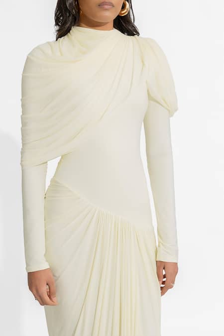 Buy Deme By Gabriella White Net, Maheshwari Round Neck Paulina Pleated Draped Dress Online at Aza Fashions Buy_Deme By Gabriella_White Net, Maheshwari Round Neck Paulina Pleated Draped Dress _Online_at_Aza_Fashions