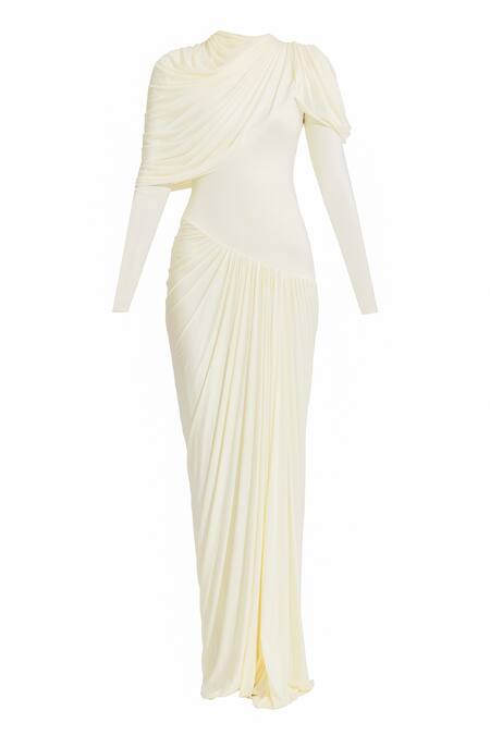 Shop Deme By Gabriella White Net, Maheshwari Round Neck Paulina Pleated Draped Dress Online at Aza Fashions Shop_Deme By Gabriella_White Net, Maheshwari Round Neck Paulina Pleated Draped Dress _Online_at_Aza_Fashions