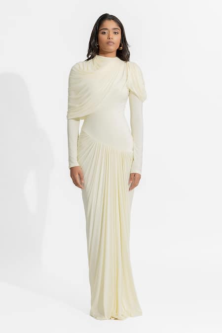 Deme By Gabriella White Net, Maheshwari Round Neck Paulina Pleated Draped Dress at Aza Fashions Deme By Gabriella_White Net, Maheshwari Round Neck Paulina Pleated Draped Dress _at_Aza_Fashions
