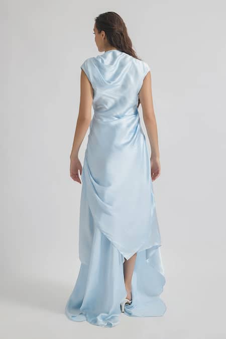 Shop Deme By Gabriella Blue Satin Cowl Neck Azura Solid Draped Dress at Aza Fashions Shop_Deme By Gabriella_Blue Satin Cowl Neck Azura Solid Draped Dress _at_Aza_Fashions