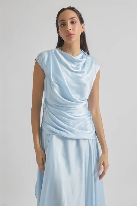Buy Deme By Gabriella Blue Satin Cowl Neck Azura Solid Draped Dress Online at Aza Fashions Buy_Deme By Gabriella_Blue Satin Cowl Neck Azura Solid Draped Dress _Online_at_Aza_Fashions