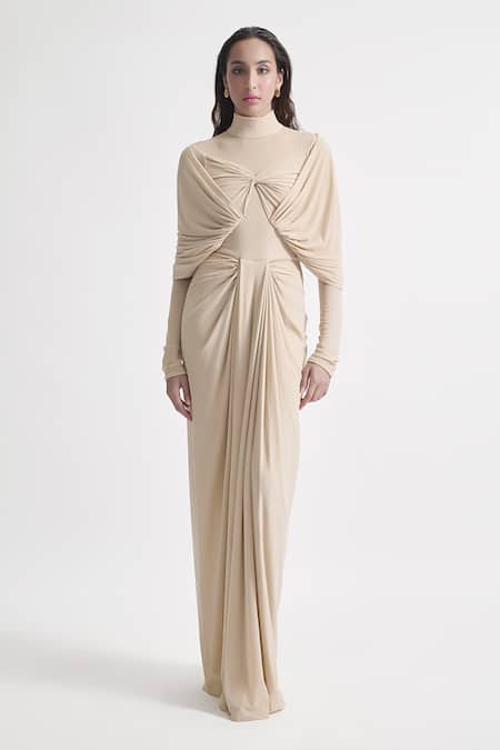 Deme By Gabriella Beige Net, Maheshwari High Neck Kenny Solid Full Sleeve Draped Dress