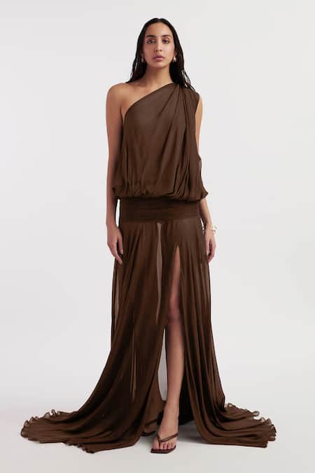 Deme By Gabriella Brown Chiffon One Shoulder Ava Solid Slit Dress