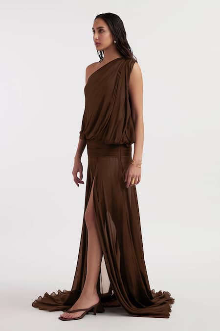 Deme By Gabriella Brown Chiffon One Shoulder Ava Solid Slit Dress Online at Aza Fashions Deme By Gabriella_Brown Chiffon One Shoulder Ava Solid Slit Dress _Online_at_Aza_Fashions