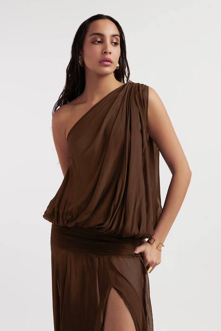 Buy Deme By Gabriella Brown Chiffon One Shoulder Ava Solid Slit Dress Online at Aza Fashions Buy_Deme By Gabriella_Brown Chiffon One Shoulder Ava Solid Slit Dress _Online_at_Aza_Fashions