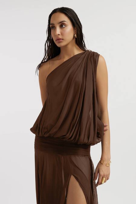Shop Deme By Gabriella Brown Chiffon One Shoulder Ava Solid Slit Dress Online at Aza Fashions Shop_Deme By Gabriella_Brown Chiffon One Shoulder Ava Solid Slit Dress _Online_at_Aza_Fashions