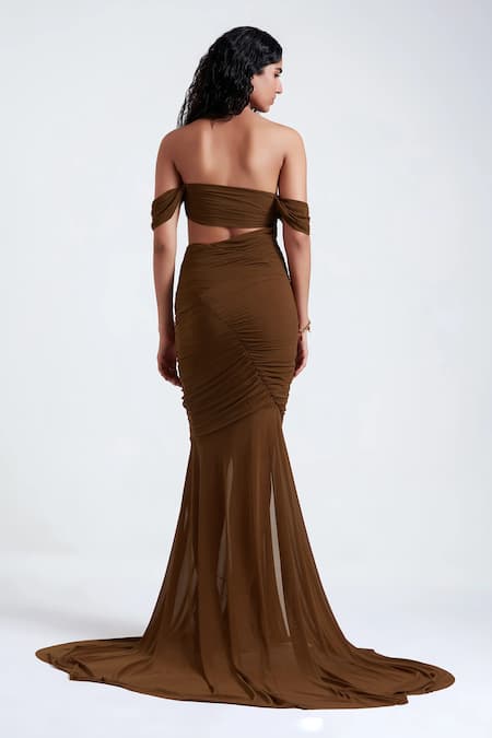 Deme By Gabriella_Brown Net, Lycra Sweetheart Neck Elena Front Slit Gathered Gown _Online_at_Aza_Fashions