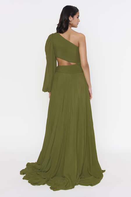 Shop_Deme By Gabriella_Green Crepe One Shoulder Gown _at_Aza_Fashions