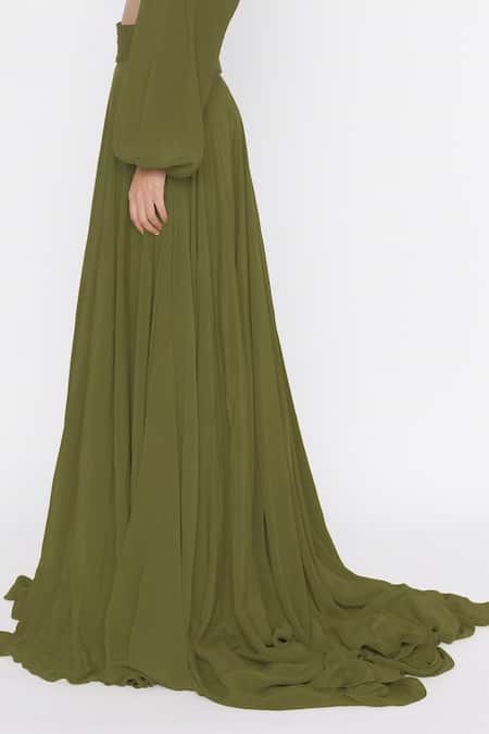 Deme By Gabriella_Green Crepe One Shoulder Gown _Online_at_Aza_Fashions