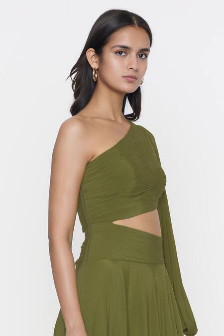 Buy_Deme By Gabriella_Green Crepe One Shoulder Gown _Online_at_Aza_Fashions