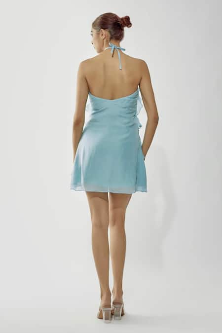 Shop Deme By Gabriella Blue Chiffon Halter Neck Ruffle Short Dress at Aza Fashions Shop_Deme By Gabriella_Blue Chiffon Halter Neck Ruffle Short Dress _at_Aza_Fashions
