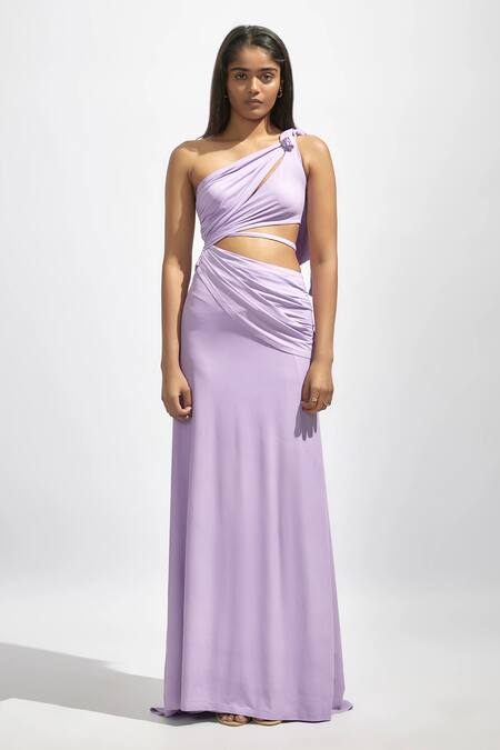 Buy Deme By Gabriella Purple Lycra One Shoulder Solid Draped Dress Online at Aza Fashions Buy_Deme By Gabriella_Purple Lycra One Shoulder Solid Draped Dress _Online_at_Aza_Fashions