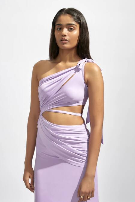 Shop Deme By Gabriella Purple Lycra One Shoulder Solid Draped Dress Online at Aza Fashions Shop_Deme By Gabriella_Purple Lycra One Shoulder Solid Draped Dress _Online_at_Aza_Fashions