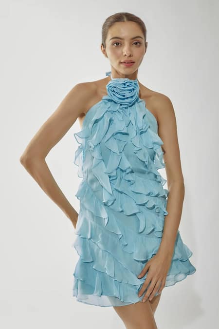 Deme By Gabriella Blue Chiffon Halter Neck Ruffle Short Dress Online at Aza Fashions Deme By Gabriella_Blue Chiffon Halter Neck Ruffle Short Dress _Online_at_Aza_Fashions