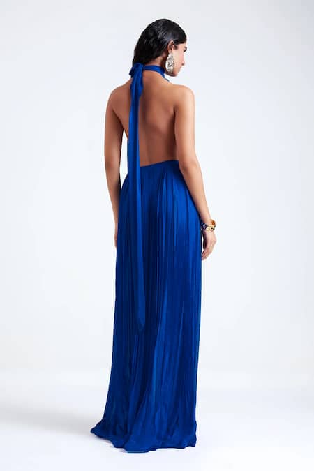 Shop_Deme By Gabriella_Blue Chiffon Brooches Halter Neck Marya Pleated Gown With _at_Aza_Fashions