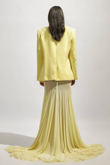 Deme By Gabriella_Yellow Net, Lycra Solid Full Sleeve Blazer _Online_at_Aza_Fashions