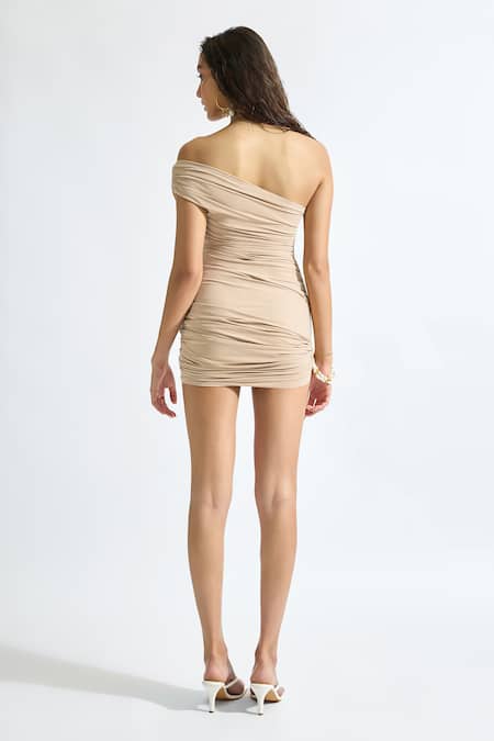Deme By Gabriella Brown Lycra Round Neck Amy Solid Draped Short Dress Online at Aza Fashions Deme By Gabriella_Brown Lycra Round Neck Amy Solid Draped Short Dress _Online_at_Aza_Fashions