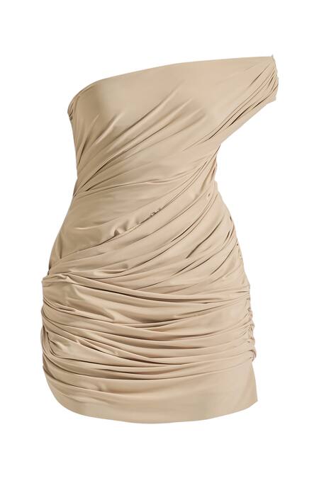 Buy Deme By Gabriella Brown Lycra Round Neck Amy Solid Draped Short Dress Online at Aza Fashions Buy_Deme By Gabriella_Brown Lycra Round Neck Amy Solid Draped Short Dress _Online_at_Aza_Fashions