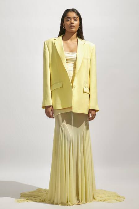 Shop_Deme By Gabriella_Yellow Net, Lycra Solid Full Sleeve Blazer _Online_at_Aza_Fashions