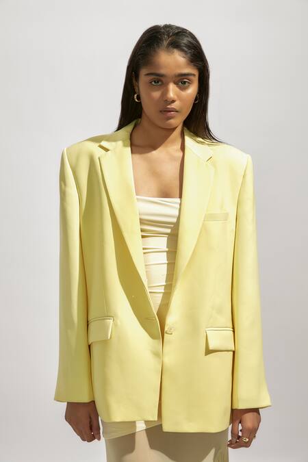 Buy Deme By Gabriella Yellow Lycra, Net Bandeau Neck Solid Full Sleeve Blazer With Tube Dress Online at Aza Fashions Buy_Deme By Gabriella_Yellow Lycra, Net Bandeau Neck Solid Full Sleeve Blazer With Tube Dress _Online_at_Aza_Fashions