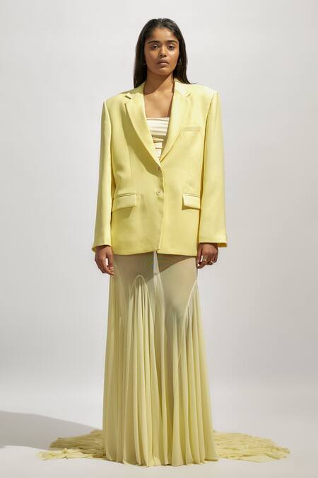 Shop Deme By Gabriella Yellow Lycra, Net Bandeau Neck Solid Full Sleeve Blazer With Tube Dress Online at Aza Fashions Shop_Deme By Gabriella_Yellow Lycra, Net Bandeau Neck Solid Full Sleeve Blazer With Tube Dress _Online_at_Aza_Fashions