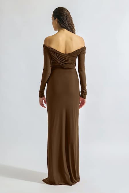 Shop Deme By Gabriella Brown Lycra Off-shoulder Ruth Solid Draped Dress at Aza Fashions Shop_Deme By Gabriella_Brown Lycra Off-shoulder Ruth Solid Draped Dress _at_Aza_Fashions