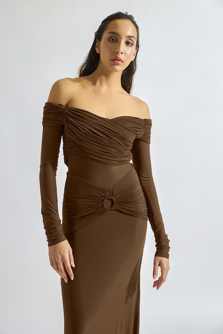 Deme By Gabriella Brown Lycra Off-shoulder Ruth Solid Draped Dress Online at Aza Fashions Deme By Gabriella_Brown Lycra Off-shoulder Ruth Solid Draped Dress _Online_at_Aza_Fashions