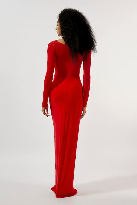 Deme By Gabriella Red Net, Maheshwari High Neck Mesh Full Sleeve Ruched Gown Online at Aza Fashions Deme By Gabriella_Red Net, Maheshwari High Neck Mesh Full Sleeve Ruched Gown _Online_at_Aza_Fashions