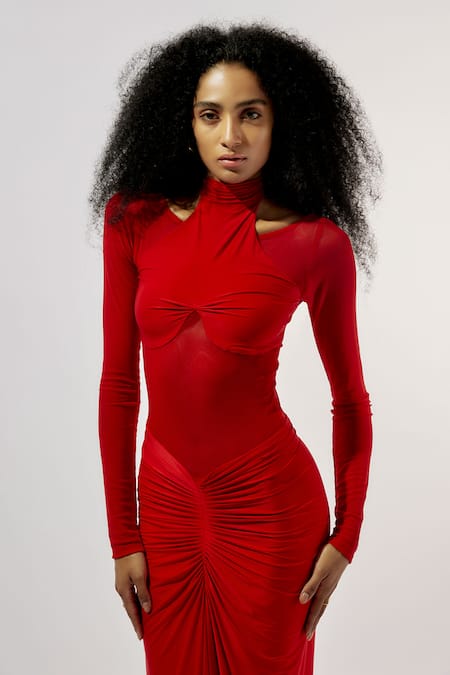 Buy Deme By Gabriella Red Net, Maheshwari High Neck Mesh Full Sleeve Ruched Gown Online at Aza Fashions Buy_Deme By Gabriella_Red Net, Maheshwari High Neck Mesh Full Sleeve Ruched Gown _Online_at_Aza_Fashions