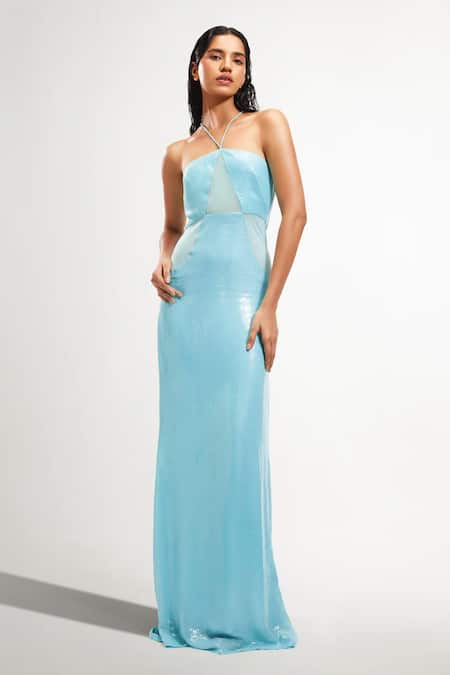 Deme By Gabriella Blue Net Sequins Halter Neck Mila Embroidered Dress 