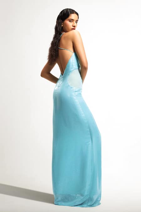 Shop Deme By Gabriella Blue Net Sequins Halter Neck Mila Embroidered Dress at Aza Fashions Shop_Deme By Gabriella_Blue Net Sequins Halter Neck Mila Embroidered Dress _at_Aza_Fashions