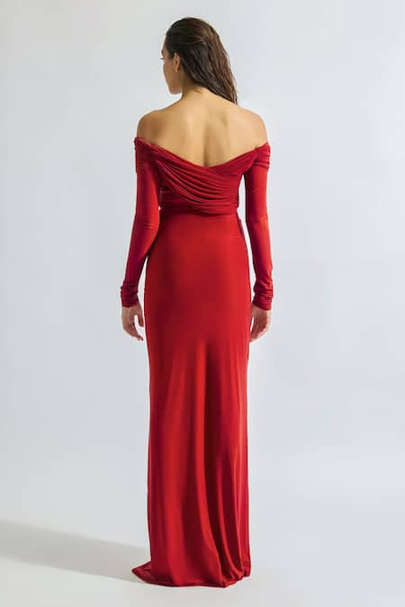 Deme By Gabriella Red Lycra Off-shoulder Giulia Solid Draped Dress Online at Aza Fashions Deme By Gabriella_Red Lycra Off-shoulder Giulia Solid Draped Dress _Online_at_Aza_Fashions