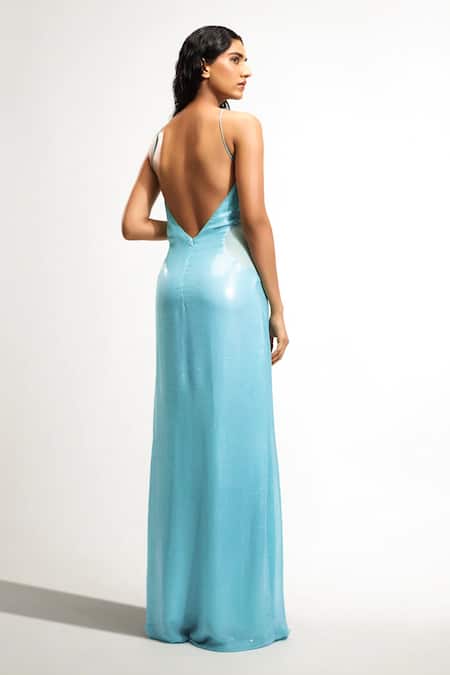 Deme By Gabriella Blue Net Sequins Halter Neck Mila Embroidered Dress Online at Aza Fashions Deme By Gabriella_Blue Net Sequins Halter Neck Mila Embroidered Dress _Online_at_Aza_Fashions