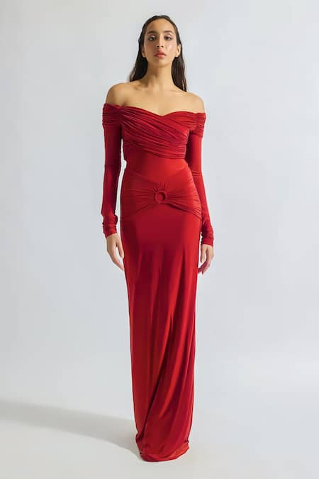 Buy Deme By Gabriella Red Lycra Off-shoulder Giulia Solid Draped Dress Online at Aza Fashions Buy_Deme By Gabriella_Red Lycra Off-shoulder Giulia Solid Draped Dress _Online_at_Aza_Fashions