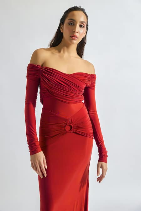 Shop Deme By Gabriella Red Lycra Off-shoulder Giulia Solid Draped Dress Online at Aza Fashions Shop_Deme By Gabriella_Red Lycra Off-shoulder Giulia Solid Draped Dress _Online_at_Aza_Fashions