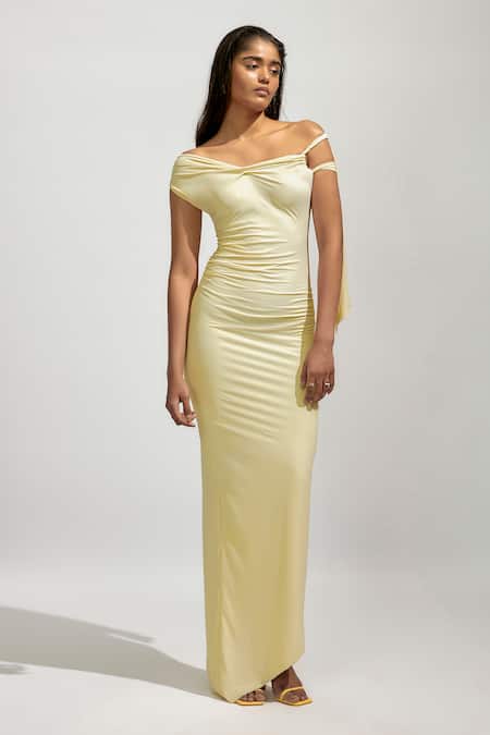 Deme By Gabriella Solid Ruched One Shoulder Maxi Dress 